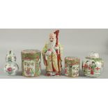 FIVE CHINESE PORCELAIN ITEMS; including two Canton famille rose pots and covers, a figure of an