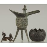 A SMALL CHINESE MING BRONZE FIGURE, together with an archaic style jue cup and a Japanese bronze