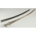 A 19TH CENTURY INDIAN TULWAR SWORD and scabbard, sword 92cm long.