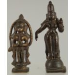 AN 18TH-19TH CENTURY SOUTH INDIAN HANUMAN BRONZE FIGURE, together with another bronze deity, 9.5cm