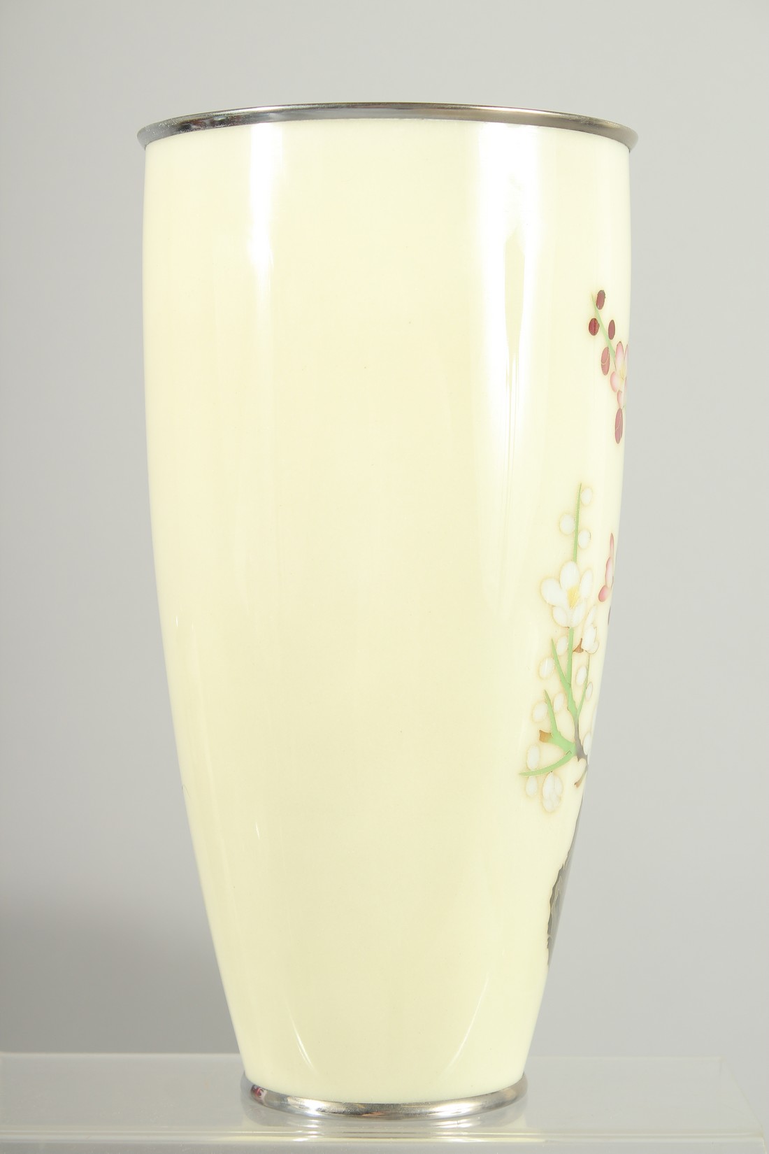 A JAPANESE YELLOW GROUND CLOISONNE VASE, depicting a prunus tree, 24.5cm high. - Image 2 of 6
