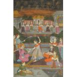 AN INDIAN MINIATURE PAINTING, depicting a seated dignitary and dancing ladies, framed and glazed,