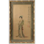 A CHINESE PAINTING ON SILK, depicting a robed female figure, with calligraphy inscription to the top