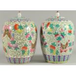 A PAIR OF CHINESE FAMILLE ROSE PORCELAIN JARS AND COVERS, painted with peaches and butterflies, 31cm