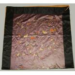 A LARGE CHINESE EMBROIDERED SILK PANEL, decorated on purple ground with a bird, butterfly, and