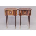 TWO LOUIS XVITH DESIGN INLAID KIDNEY SHAPE BEDROOM TABLES. 1ft 9ins wide, 2ft 6ins high.