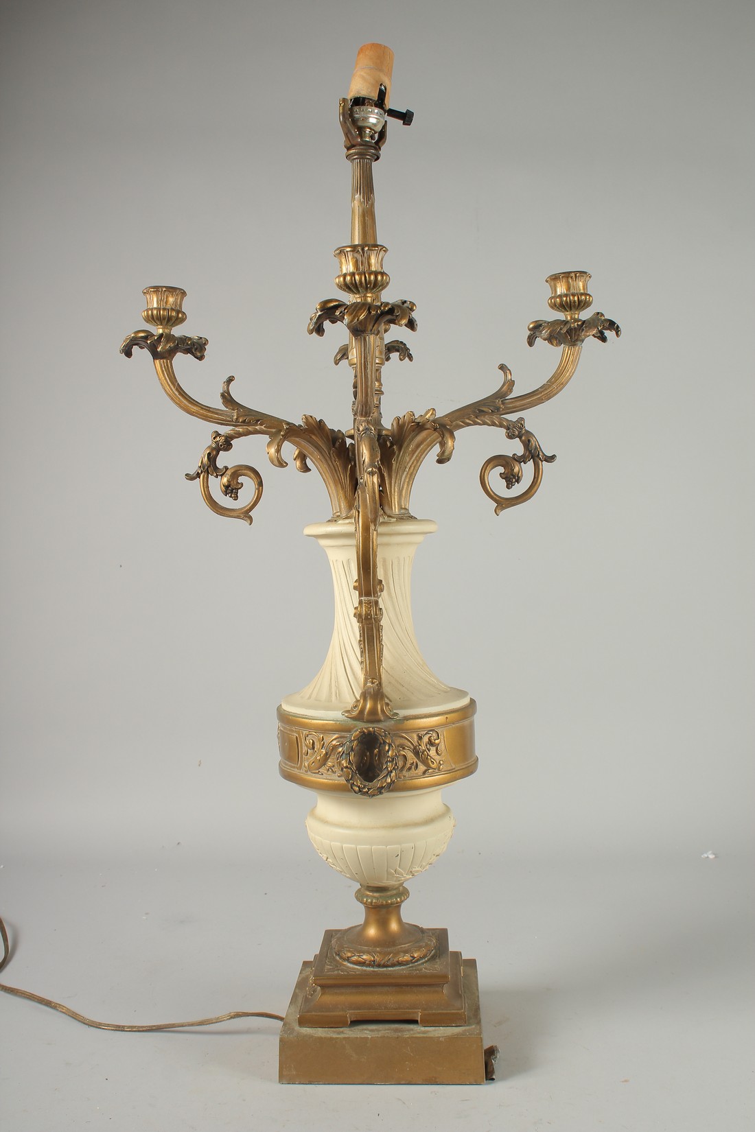 A 19TH CENTURY FRENCH WHITE MARBLE AND FOUR BRANCH ORMOLU LAMP on a square base. 29ins high. - Image 5 of 5