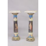 A VERY GOOD NEAR PAIR OF SEVRES DESIGN PORCELAIN, COLOURED COLUMNS with metal tops