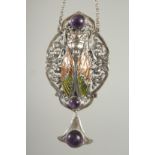 A SILVER AMETHYST SCARAB NECKLACE.