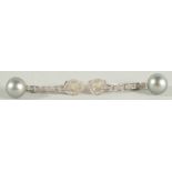 A PAIR OF 18CT WHITE GOLD ART DECO DIAMOND AND GREY SOUTH SEA PEARL EARRINGS.