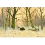 L STEINFIELD (20th Century) GERMAN SCHOOL, Two wild boars in a winter landscape, oil on canvas.