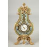 A SUPERB 19TH CENTURY FRENCH ONYX, ORMOLU AND CHAMPLEVE ENAMEL LYRE EASEL CLOCK, with pineapple