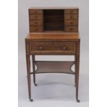 A GOOD GEORGE III MAHOGANY BONHEUR DU JOUR the top fitted with four small drawers either side of