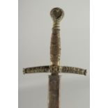A GERMAN SWORD in a leather scabbard with brass and wire handle. 39ns long.