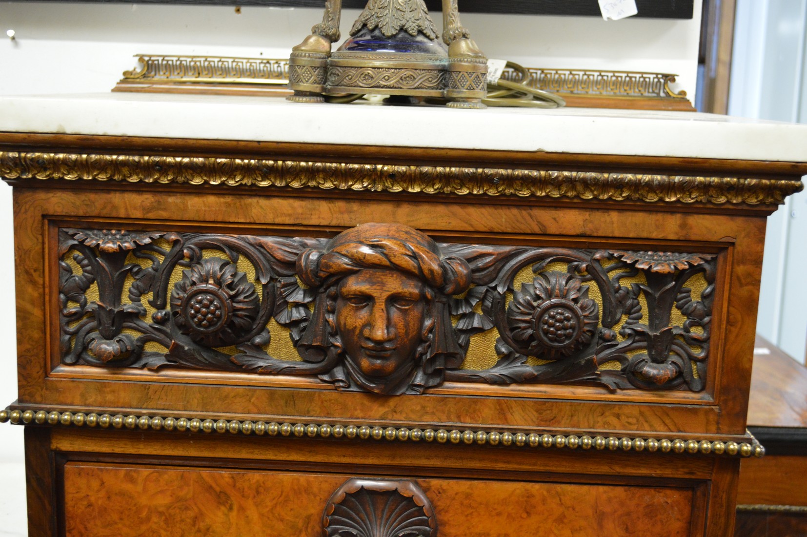 A GOOD GILLOW MODEL BURR WOOD WALNUT AND MARBLE SECTIONAL SIDE CABINE with ormolu mounts, 8ft 7ins - Image 3 of 5