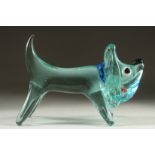 AN ITALIAN GLASS DOG with blue collar, ruby tongue and black eyes. 8ins long.