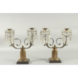 A PAIR OF 19TH CENTURY BRONZE AND CRYSTAL TWO LIGHT CANDELABRA with a pair of scrolling arms and