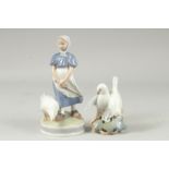 A COPENHAGEN PORCELAIN GROUP "THE GOOSE GIRL". Pattern S27, 9ins high, and a group of 2 doves,