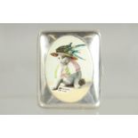 A PLAIN SILVER CIGARETTE CASE with an oval of a suffragette cat. 3.25ins x 2.5ins.
