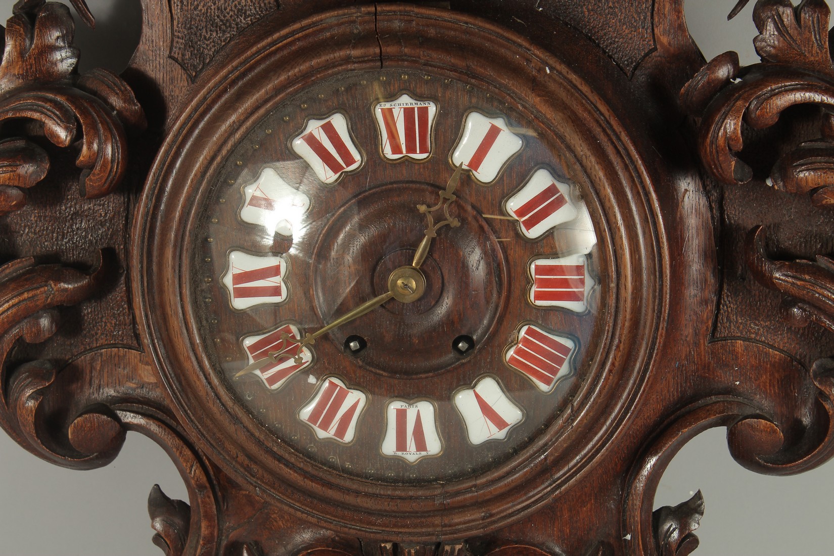A LARGE CARVED WOOD CLOCK with urns and acanthus scrolls. 28ins high. - Image 4 of 5