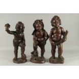 A SET OF THREE 18TH - 19TH CENTURY CARVED WOOD CUPIDS,depicting 'THE SEASONS'. 22ins high.