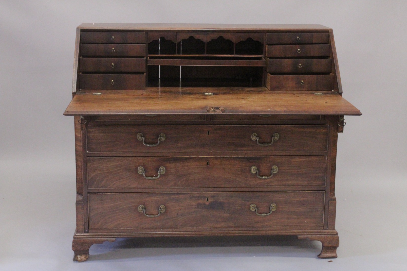 A GOOD GEORGE III MAHOGANY BUREAU with fall flap, fitted interior over two short and three long - Image 2 of 7
