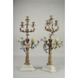 A VERY GOOD PAIR OF SEVRES DESIGN GILT CANDLESTICKS with porcelain birds and flowers on white bases.