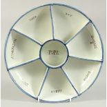 A RARE EARLY 19TH CENTURY PEARLWARE DISH SHAPED POPE JOHN GAMING DISH with centre segments, Pope and