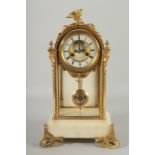 A GOOD 19TH CENTURY FRENCH WHITE MARBLE AND ORMOLU CLOCK BY POTONIE LEON, PARIS, striking on a