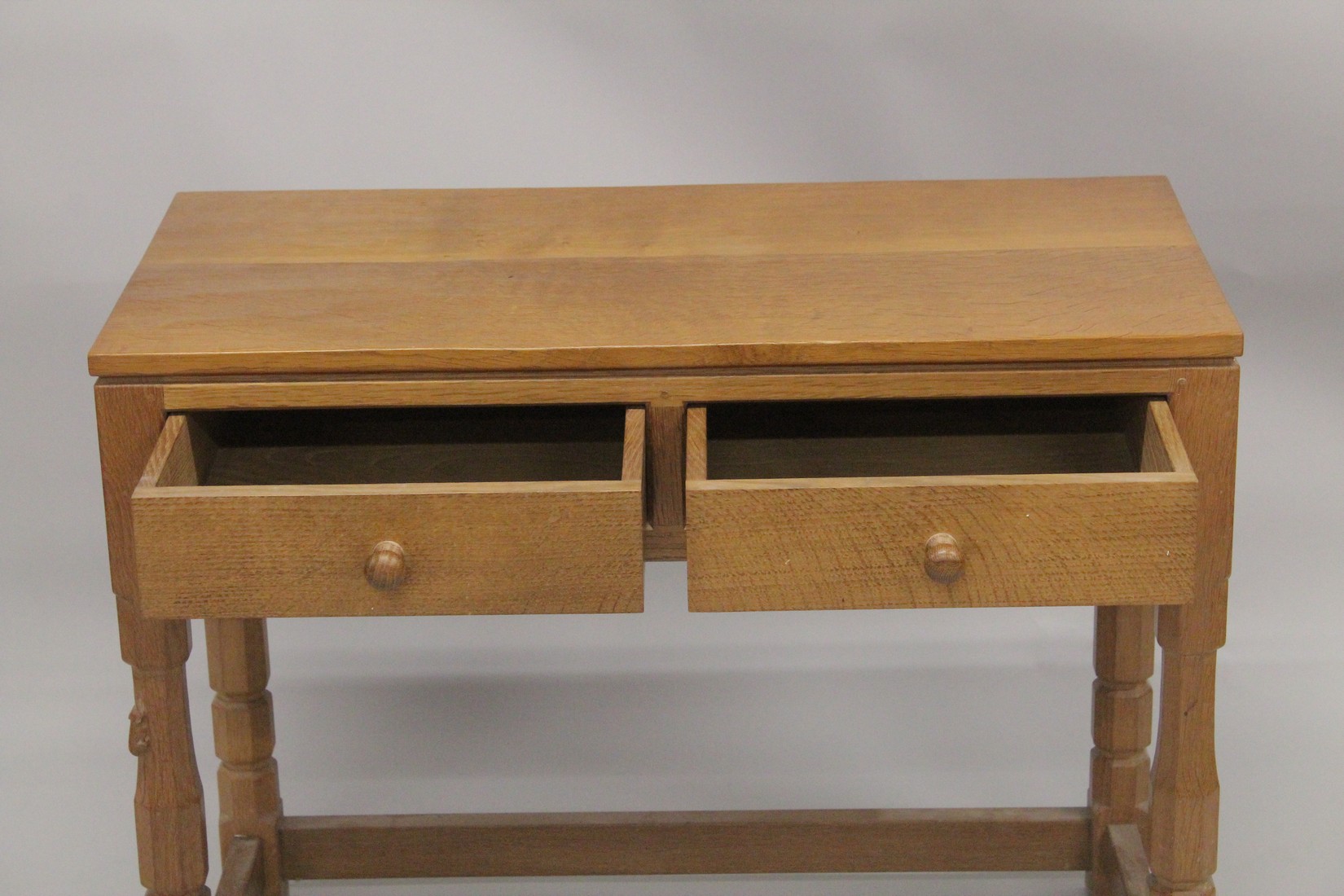 ROBERT "MOUSEMAN" THOMPSON. AN OAK SIDE TABLE with an adzed rectangular top, two frieze drawers with - Image 3 of 5