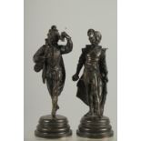AUGUSTE LOUIS LALOUETTE (1826 - 1883) FRENCH. A PAIR OF BRONZE CAVILER FIGURES on circular bases 8.