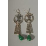 A PAIR OF SILVER AND JADE ART DECO STYLE, DROP EARRINGS.