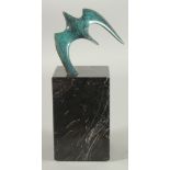 A MODERN FLYING BIRD SCULPTURE on a marble base. 9ins high