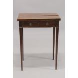 A GOOD GEORGE III MAHOGANY TEA TABLE with folding flaps, fitted drawers below with sewing slide, the