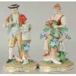 A PAIR OF SITZENDORF PORCELAIN FIGURES of a man with a watering can and a young lady with a basket