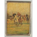 A GOOD SILVER CIGARETTE CASE the lid and bottom with polo scenes.