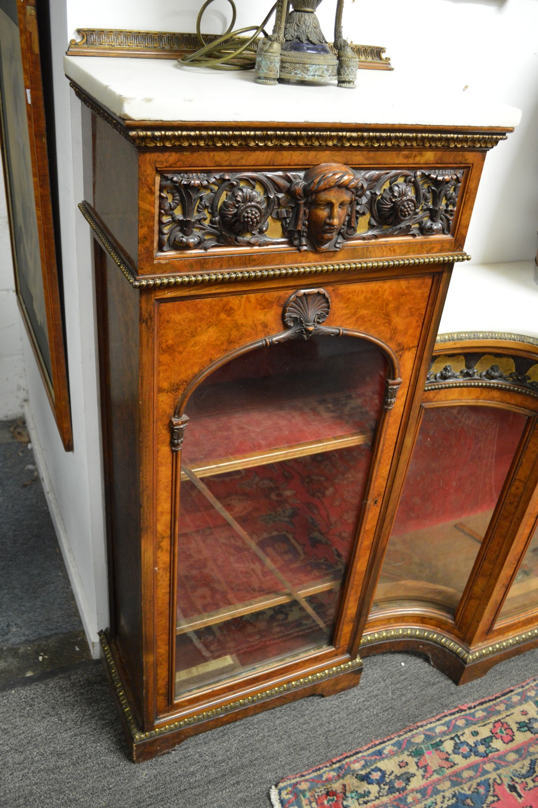 A GOOD GILLOW MODEL BURR WOOD WALNUT AND MARBLE SECTIONAL SIDE CABINE with ormolu mounts, 8ft 7ins - Image 5 of 5