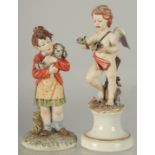TWO CAPODIMONTE PORCELAIN FIGURES a cupid and A YOUNG MAN with a dog. 8ins and 7ins high (2).