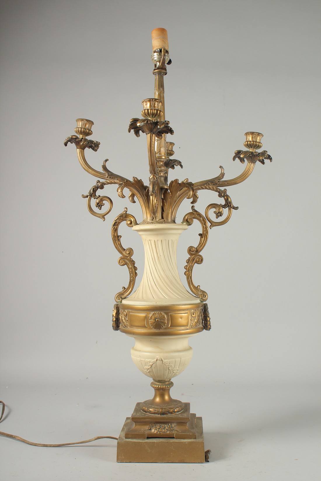 A 19TH CENTURY FRENCH WHITE MARBLE AND FOUR BRANCH ORMOLU LAMP on a square base. 29ins high. - Image 4 of 5
