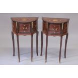 A PAIR OF LOUIS XVITH DESIGN HALF MOON INLAID CABINETS. 2ft 4ins high, 1ft 6ins wide.