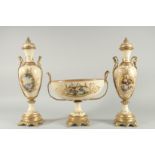 A SEVRES DESIGN CREAM PORCELAIN THREE PIECE GARNITURE painted with flowers, comprising of a pair