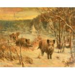 WILHELM (WILLI) LORENZ (1901-1981) GERMAN A herd of wild boar walking through a snow-covered forest,
