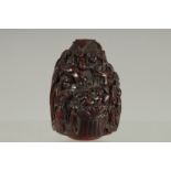 A VERY GOOD RENEISSANCE REVIVAL CARVED WOOD SNUFF BOX, possibly LABURNHAM, carved with a religious