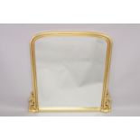A LARGE GILTWOOD OVERMANTLE MIRROR. 4ft 5ins high, 4ft 7ins wide.