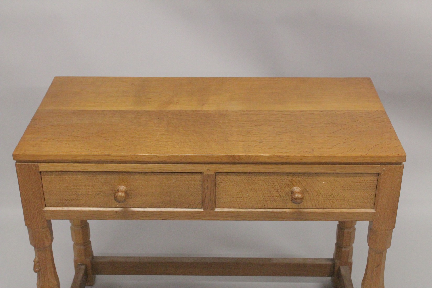 ROBERT "MOUSEMAN" THOMPSON. AN OAK SIDE TABLE with an adzed rectangular top, two frieze drawers with - Image 2 of 5