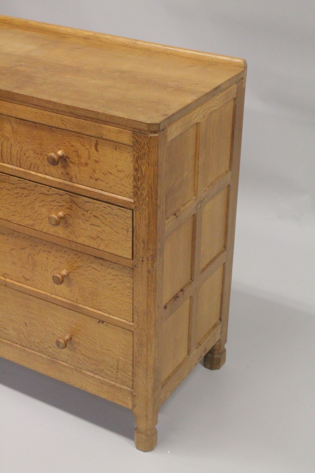 ROBERT "MOUSEMAN" THOMPSON. AN OAK CHEST OF DRAWERS, with adzed rectangular top, panelled ends, - Image 4 of 5