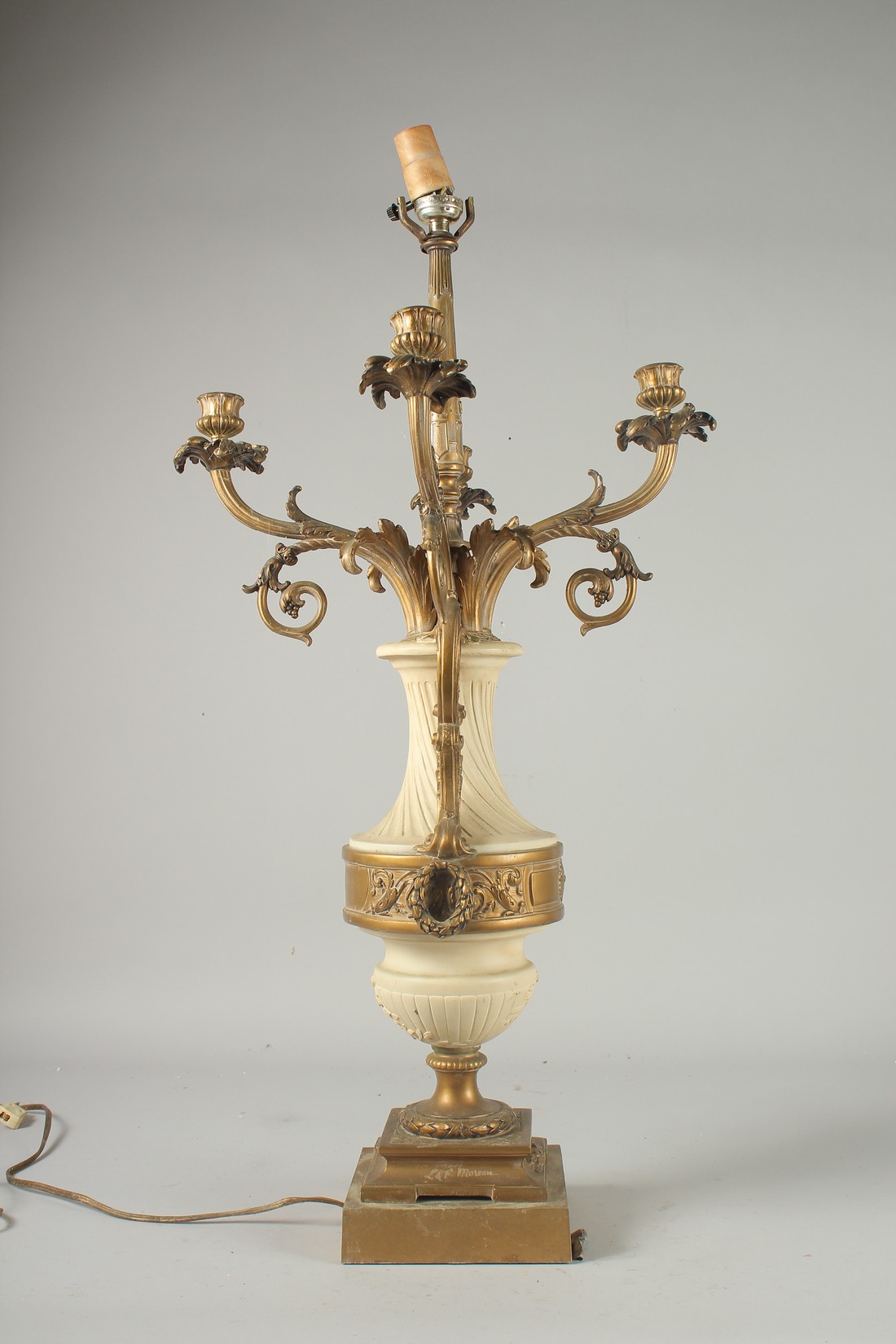 A 19TH CENTURY FRENCH WHITE MARBLE AND FOUR BRANCH ORMOLU LAMP on a square base. 29ins high. - Image 2 of 5