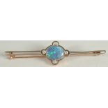 A VICTORIAN 18CT YELLOW OLD, BLACK OPAL AND DIAMOND BAR BROOCH.