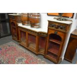 A GOOD GILLOW MODEL BURR WOOD WALNUT AND MARBLE SECTIONAL SIDE CABINE with ormolu mounts, 8ft 7ins