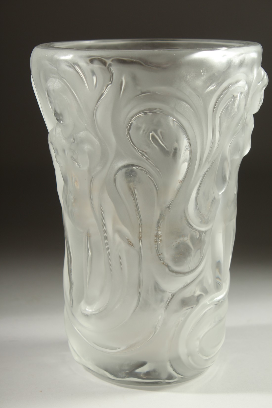 A GOOD LALIQUE FROSTED GLASS VASE the sides with nudes. Engraved: Lalique,France. 8.5ins high. - Image 2 of 6